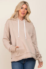 Beige Raw Edge Trim Maternity Drawstring Hoodie