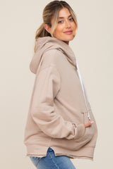 Beige Raw Edge Trim Maternity Drawstring Hoodie