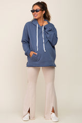 Blue Raw Edge Trim Maternity Drawstring Hoodie