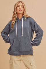 Blue Raw Edge Trim Maternity Drawstring Hoodie