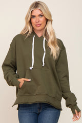 Olive Raw Edge Trim Drawstring Hoodie