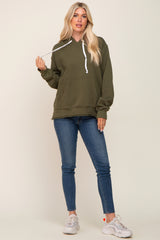 Olive Raw Edge Trim Drawstring Hoodie