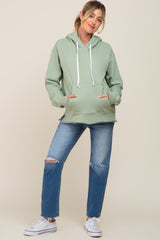 Light Olive Raw Edge Trim Maternity Drawstring Hoodie