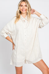 Beige Button Front Long Sleeve Linen Maternity Romper