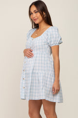 Light Blue Gingham Square Neck Button Front Maternity Dress