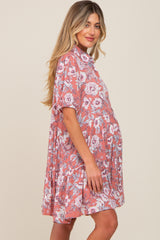 Mauve Floral Button Up Collared Tiered Maternity Dress