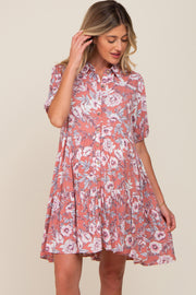 Mauve Floral Button Up Collared Tiered Maternity Dress