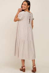 Beige Linen Short Sleeve Tiered Back Tie Maternity Midi Dress