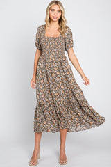 Mocha Floral Smocked Puff Sleeve Maternity Midi Dress