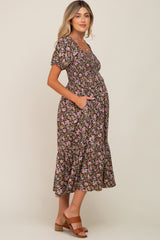 Pink Floral Smocked Puff Sleeve Maternity Midi Dress