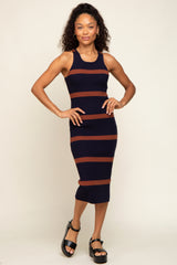 Navy Brown Sleeveless Sweater Midi Dress