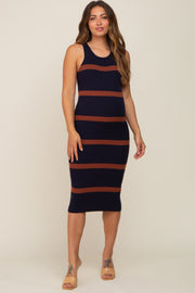 Navy Brown Sleeveless Sweater Maternity Midi Dress