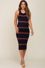 Navy Brown Sleeveless Sweater Maternity Midi Dress