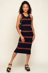 Navy Brown Sleeveless Sweater Midi Dress