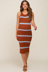 Brown Blue Striped Sleeveless Sweater Maternity Midi Dress