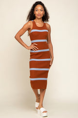 Brown Blue Striped Sleeveless Sweater Maternity Midi Dress