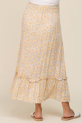 Yellow Floral Button Ruffle Maternity Maxi Skirt