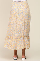 Yellow Floral Button Ruffle Maxi Skirt