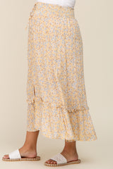 Yellow Floral Button Ruffle Maternity Maxi Skirt