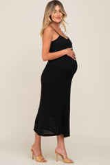 Black Open Knit Crochet Maternity Midi Dress