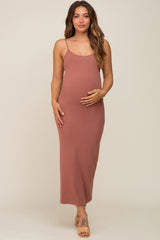 Mauve Ribbed Basic Maternity Midi Dress