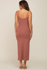 Mauve Ribbed Basic Maternity Midi Dress