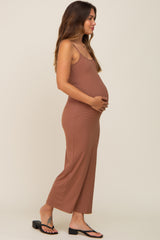 Brown Ribbed Basic Maternity Midi Dress