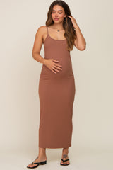 Brown Ribbed Basic Maternity Midi Dress