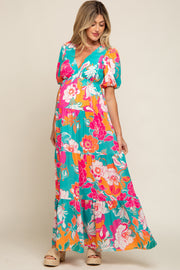 Teal Floral Puff Sleeve Tiered Maternity Maxi Dress