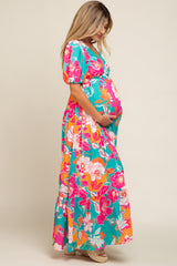 Teal Floral Puff Sleeve Tiered Maternity Maxi Dress