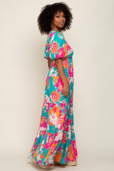 Teal Floral Puff Sleeve Tiered Maxi Dress