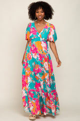 Teal Floral Puff Sleeve Tiered Maternity Maxi Dress