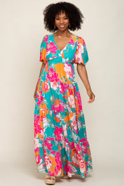 Teal Floral Puff Sleeve Tiered Maxi Dress