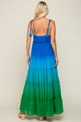 Blue Ombre Chiffon Shoulder Tie Tiered Maxi Dress