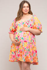 Pink Floral Puff Sleeve Maternity Plus Dress