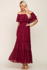 Burgundy Off Shoulder Eyelet Tiered Maternity Maxi Dress