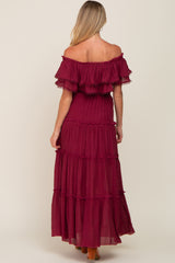 Burgundy Off Shoulder Eyelet Tiered Maternity Maxi Dress