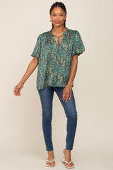 Green Printed Front Tie Puff Sleeve Blouse