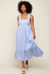 Light Blue Ruffle Accent Back Tie Maternity Midi Dress