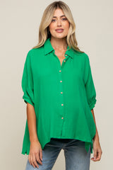 Green Button Down Collared Maternity Top