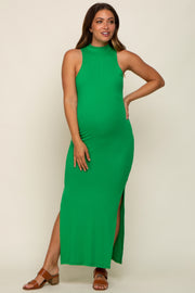 Green Ribbed Side Slit Maternity Maxi Dress