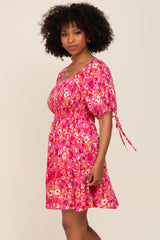 Fuchsia Floral Smocked Square Neck Ruffle Dress