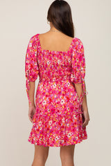 Fuchsia Floral Smocked Square Neck Ruffle Maternity Dress