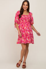 Fuchsia Floral Smocked Square Neck Ruffle Maternity Dress