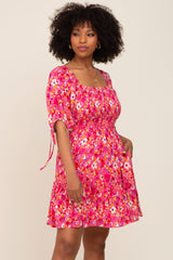 Fuchsia Floral Smocked Square Neck Ruffle Maternity Dress