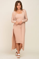 Beige Ribbed Cardigan 2 Piece Maternity Set