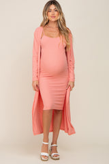 Peach Ribbed Cardigan 2 Piece Maternity Set