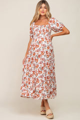 Cream Floral Smocked Square Neck Tiered Maternity Maxi Dress