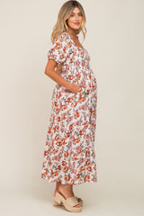 Cream Floral Smocked Square Neck Tiered Maternity Maxi Dress