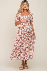 Cream Floral Smocked Square Neck Tiered Maternity Maxi Dress